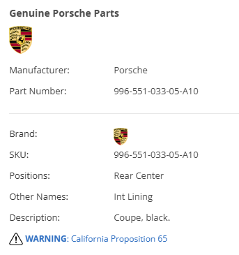 NLA Porsche 996 Turbo/ GT2 Lining Rear Shelf 996 551 33 02 A10 Discontinued