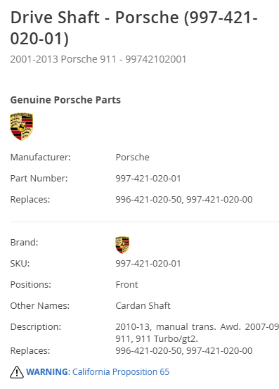 Porsche 996 997 Rear Drive Shaft With Upgraded Bushing 997 421 020 01