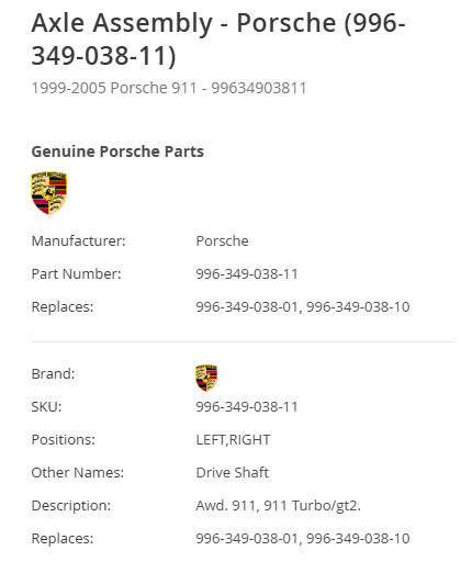 Porsche 996 Turbo Axle Left or Right  996 349 038 11