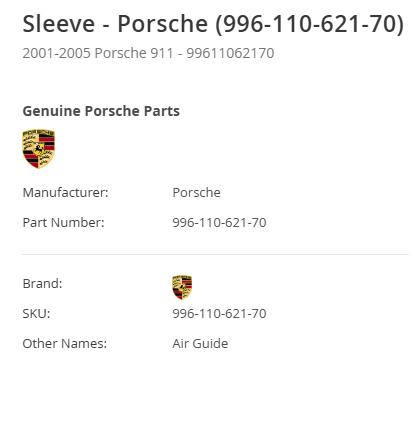 Porsche 996 Turbo/ GT2 Sleeve Air Guide 996 110 621 70